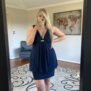 NWT $168 Betsy & Adam navy blue rhinestone embellishment mini dress drape